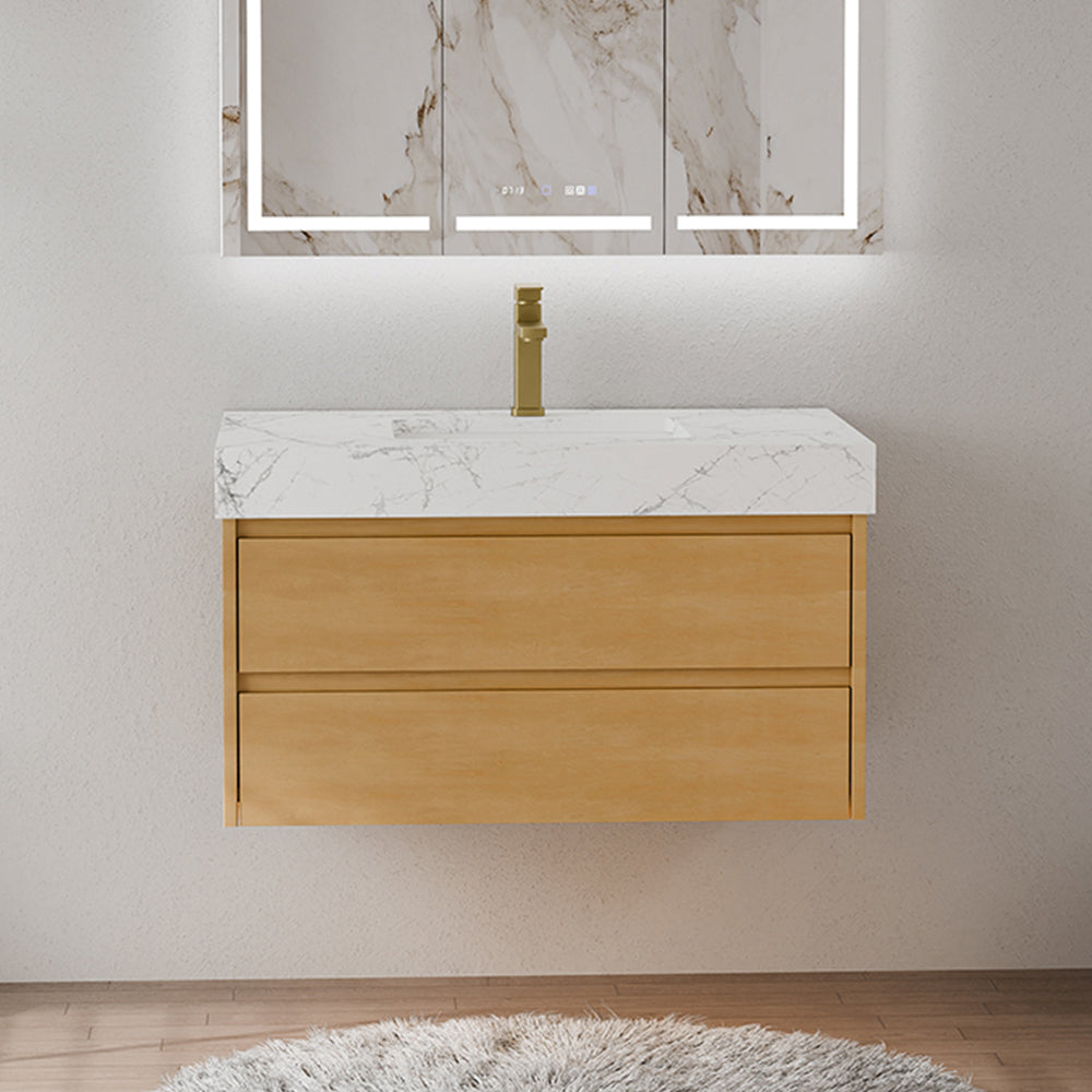 36 Inch Natural Maple Floating Bath Vanity in Brown with Marble Countertop