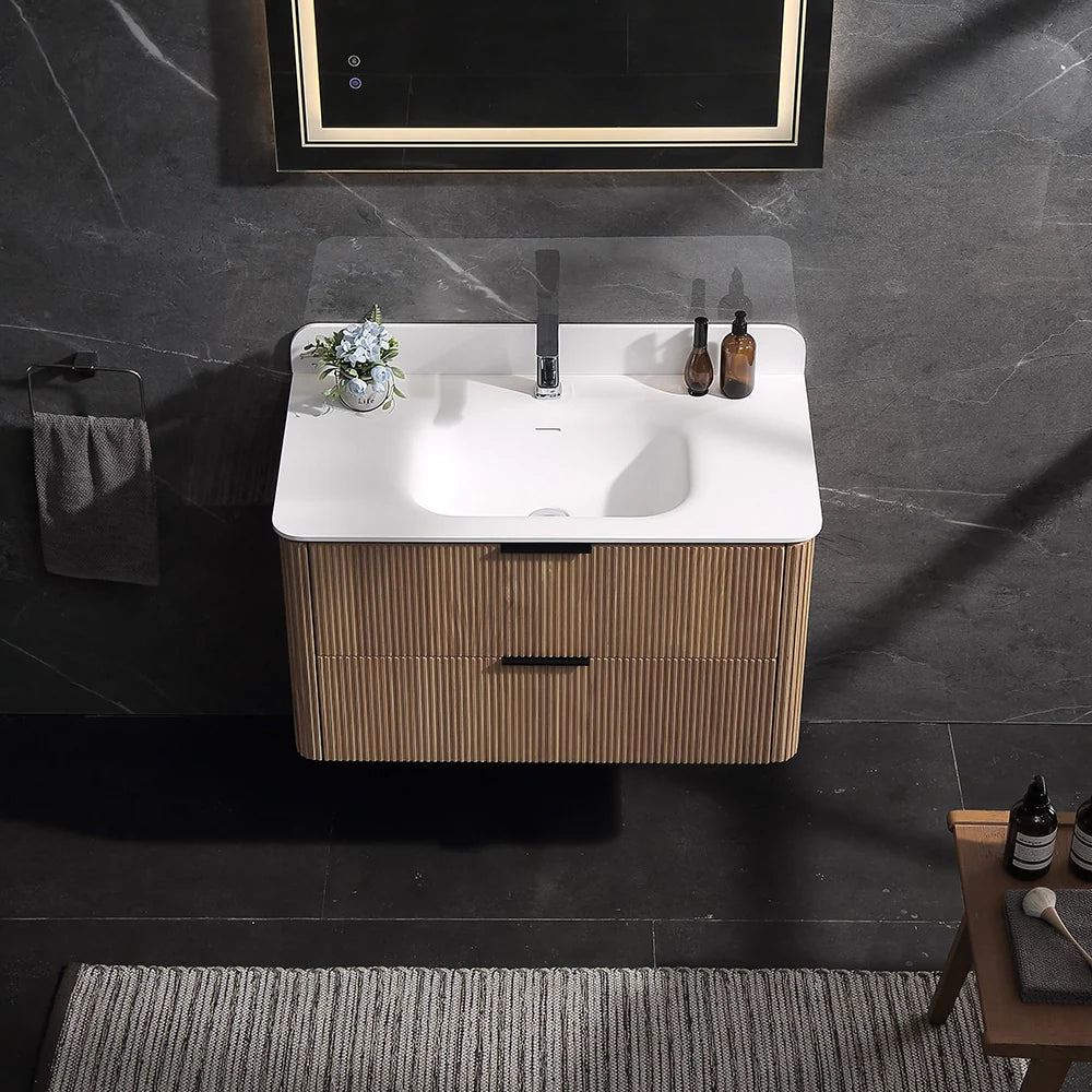 36 Inch Reeded Oak Bathroom Floating Vanity with Single Sink