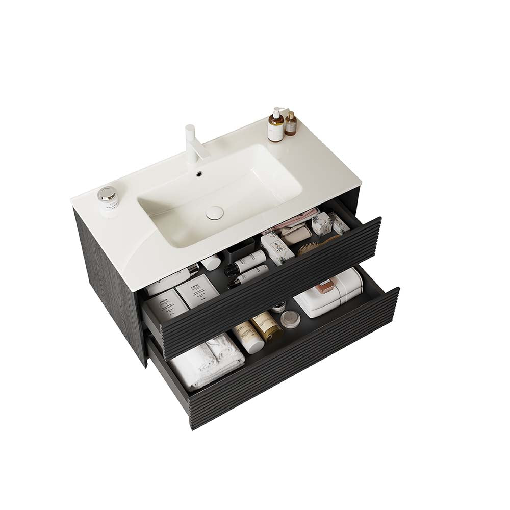 36" Wall-Mounted Dark Oak Bathroom Vanity with Sink No Faucet