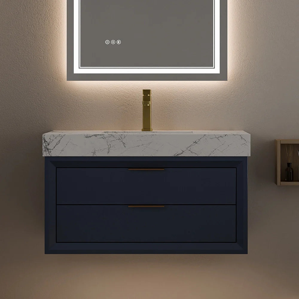 36 Inch Solid Wood Floating Vanity with Single Sink Marble Countertop