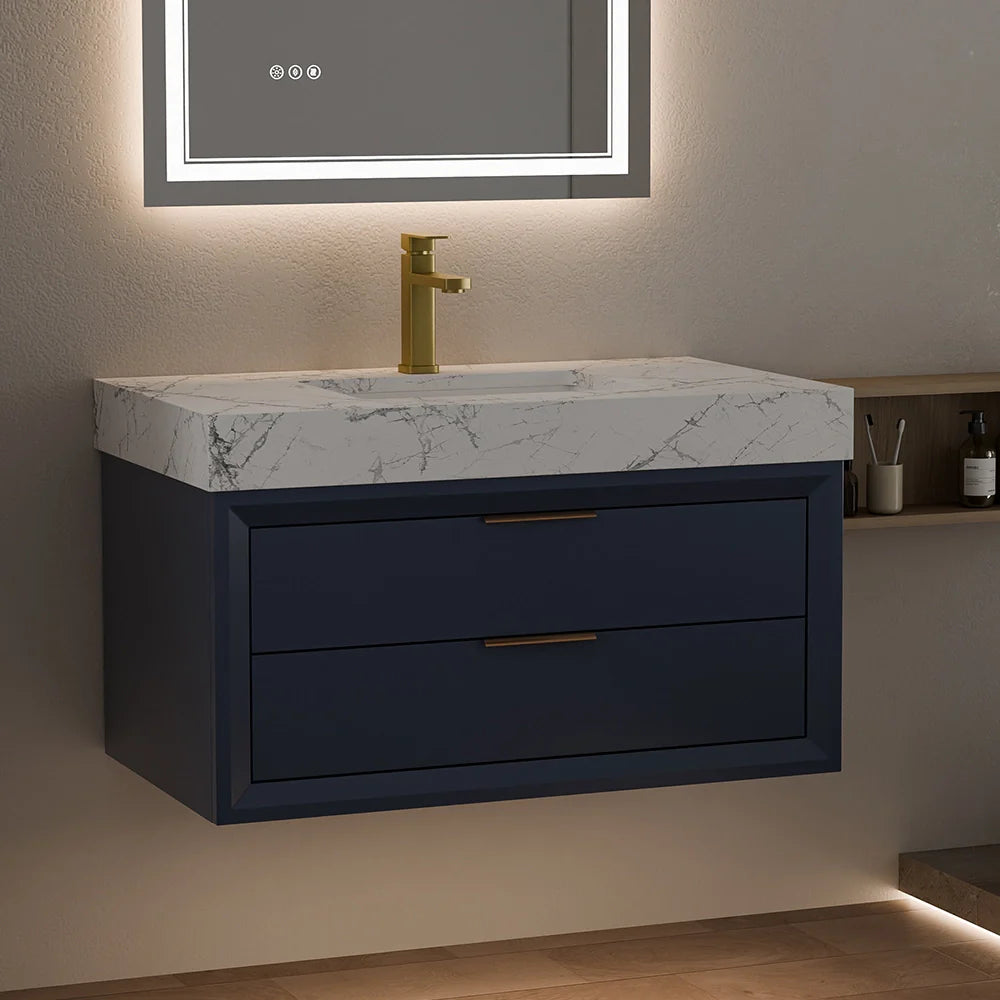 36 Inch Solid Wood Floating Vanity with Single Sink Marble Countertop