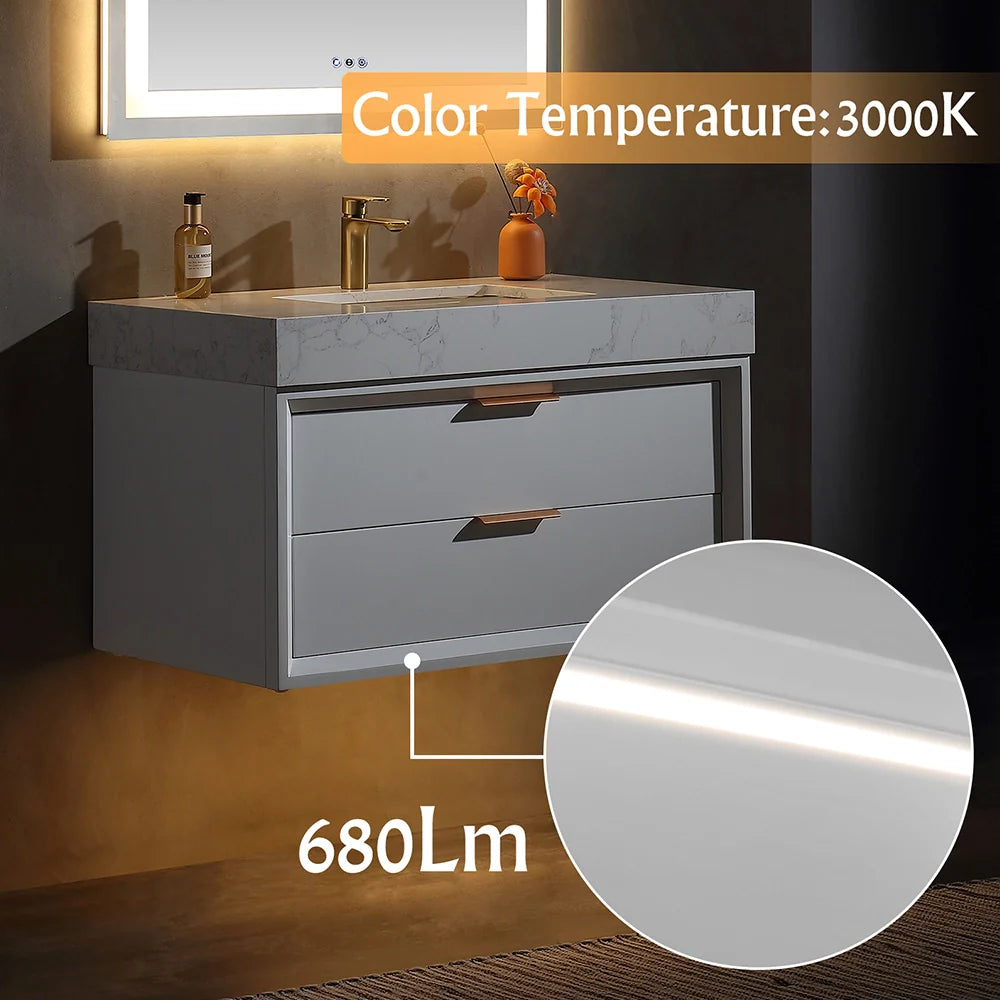 36 Inch Wall-Mounted Bathroom Vanity with Engineered Stone Top