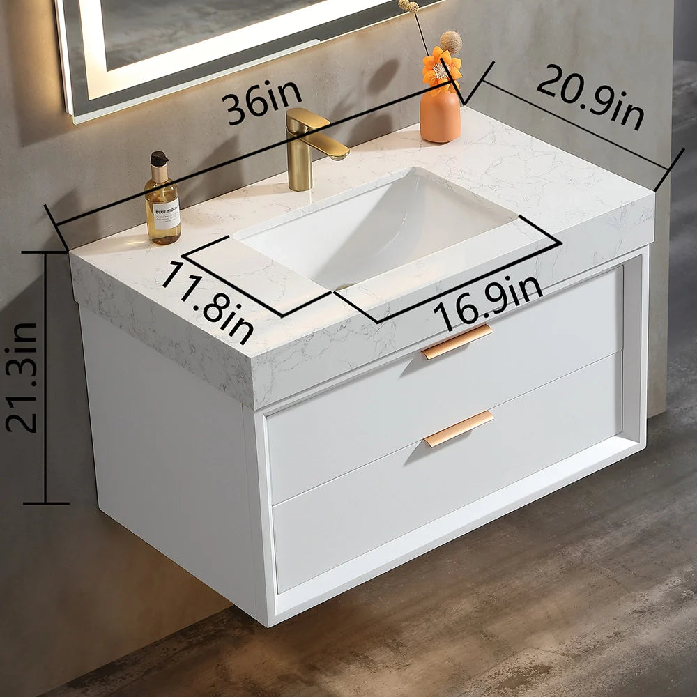 36 Inch Wall-Mounted Bathroom Vanity with Engineered Stone Top