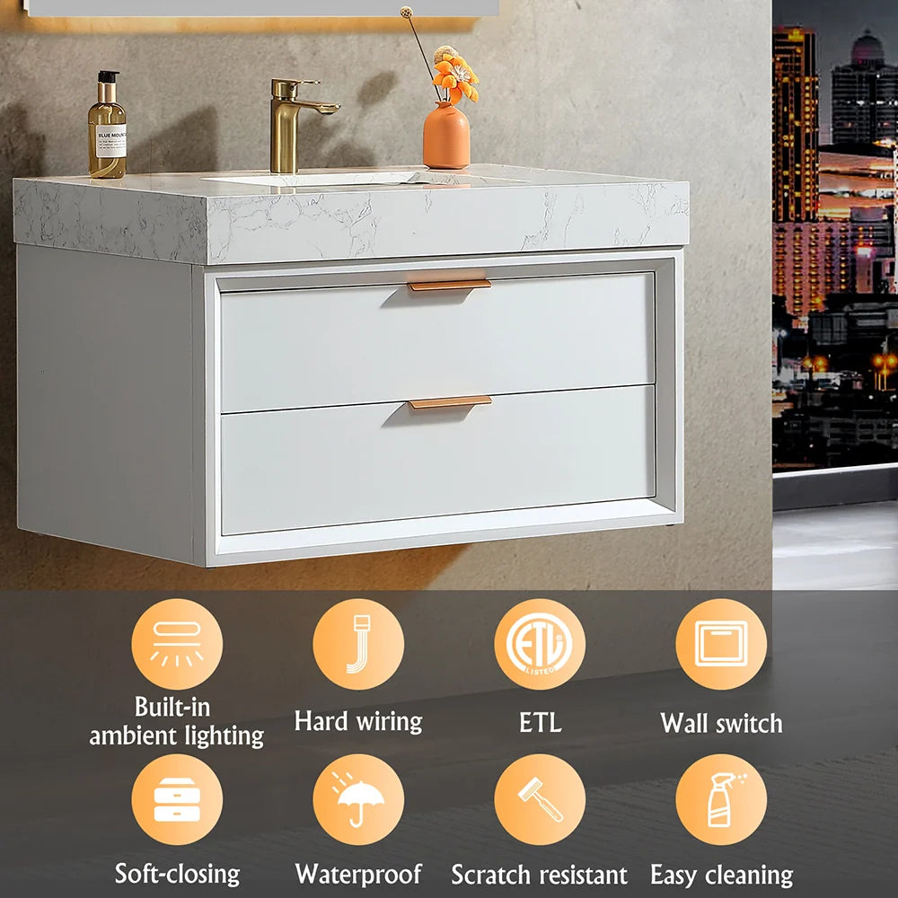 36 Inch Wall-Mounted Bathroom Vanity with Engineered Stone Top