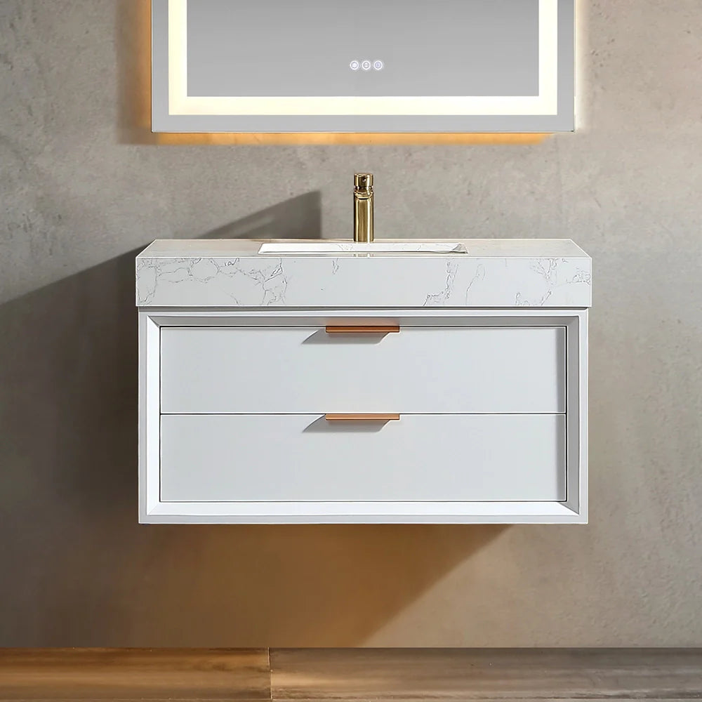 36 Inch Wall-Mounted Bathroom Vanity with Engineered Stone Top