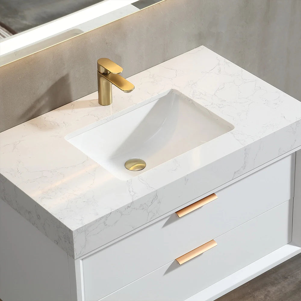 36 Inch Wall-Mounted Bathroom Vanity with Engineered Stone Top