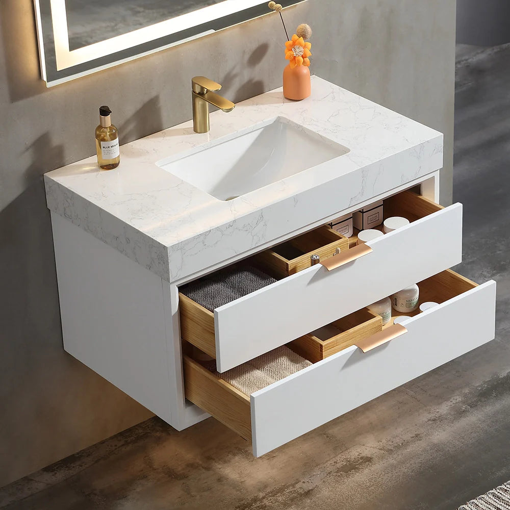 36 Inch Wall-Mounted Bathroom Vanity with Engineered Stone Top