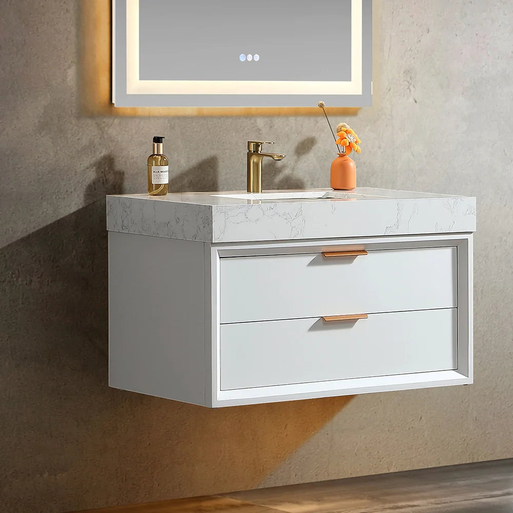 36 Inch Wall-Mounted Bathroom Vanity with Engineered Stone Top