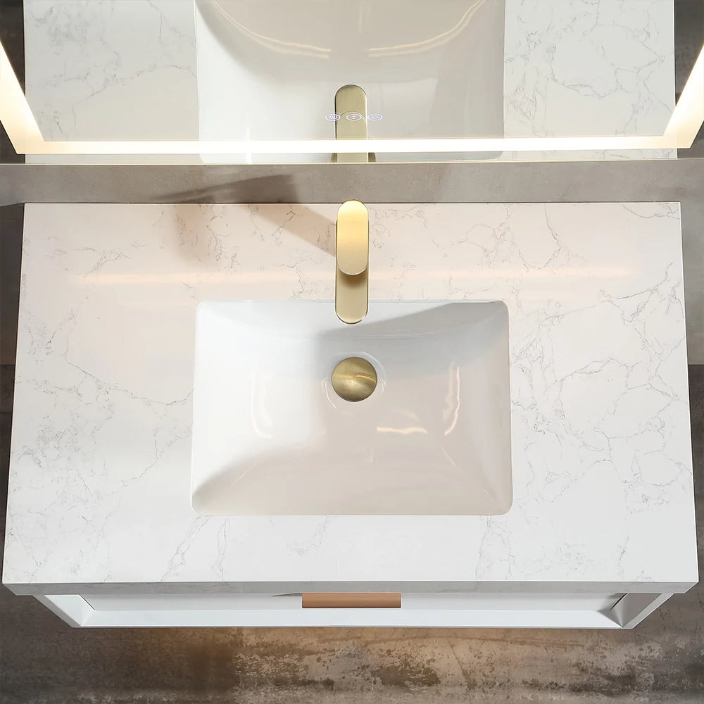 36 Inch Wall-Mounted Bathroom Vanity with Engineered Stone Top
