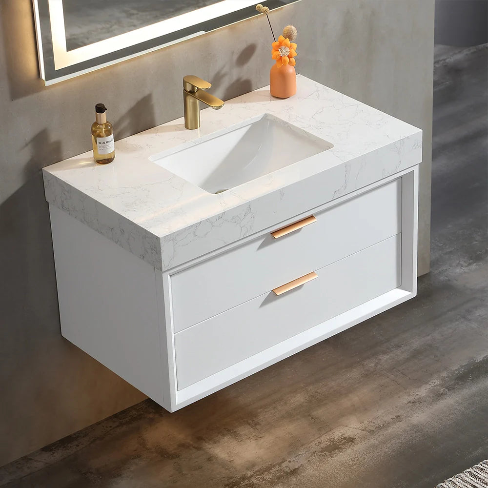 36 Inch Wall-Mounted Bathroom Vanity with Engineered Stone Top