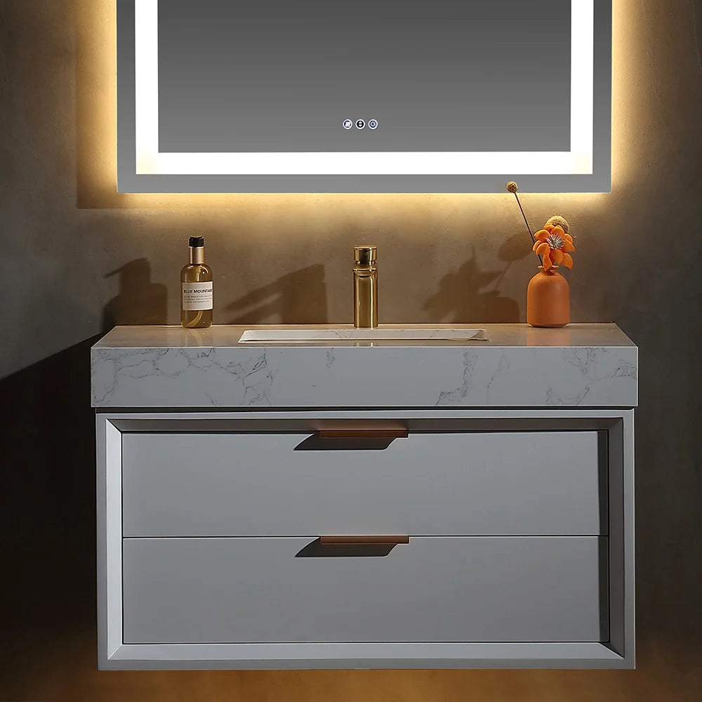36 Inch Wall-Mounted Bathroom Vanity with Engineered Stone Top