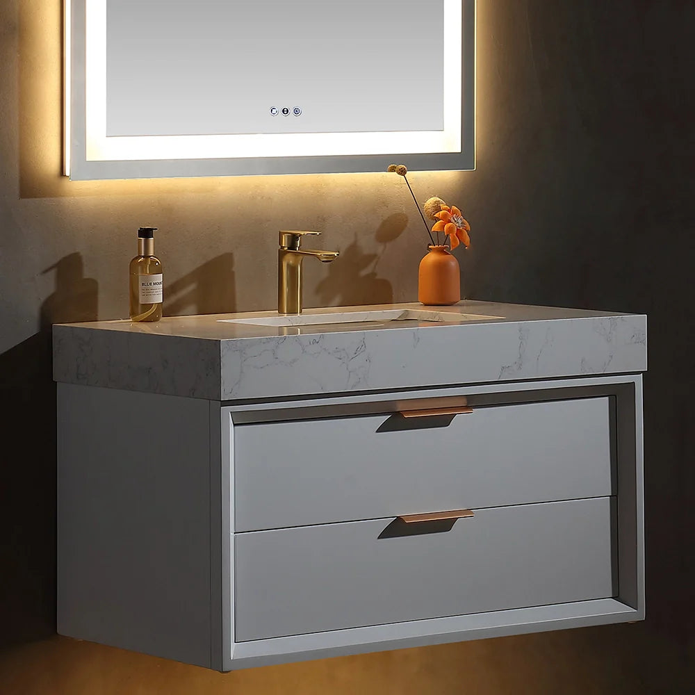 36 Inch Wall-Mounted Bathroom Vanity with Engineered Stone Top