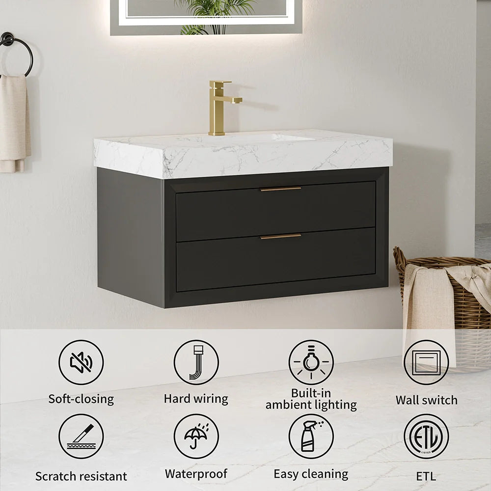 36 Inch Solid Wood Floating Vanity with Single Sink Marble Countertop