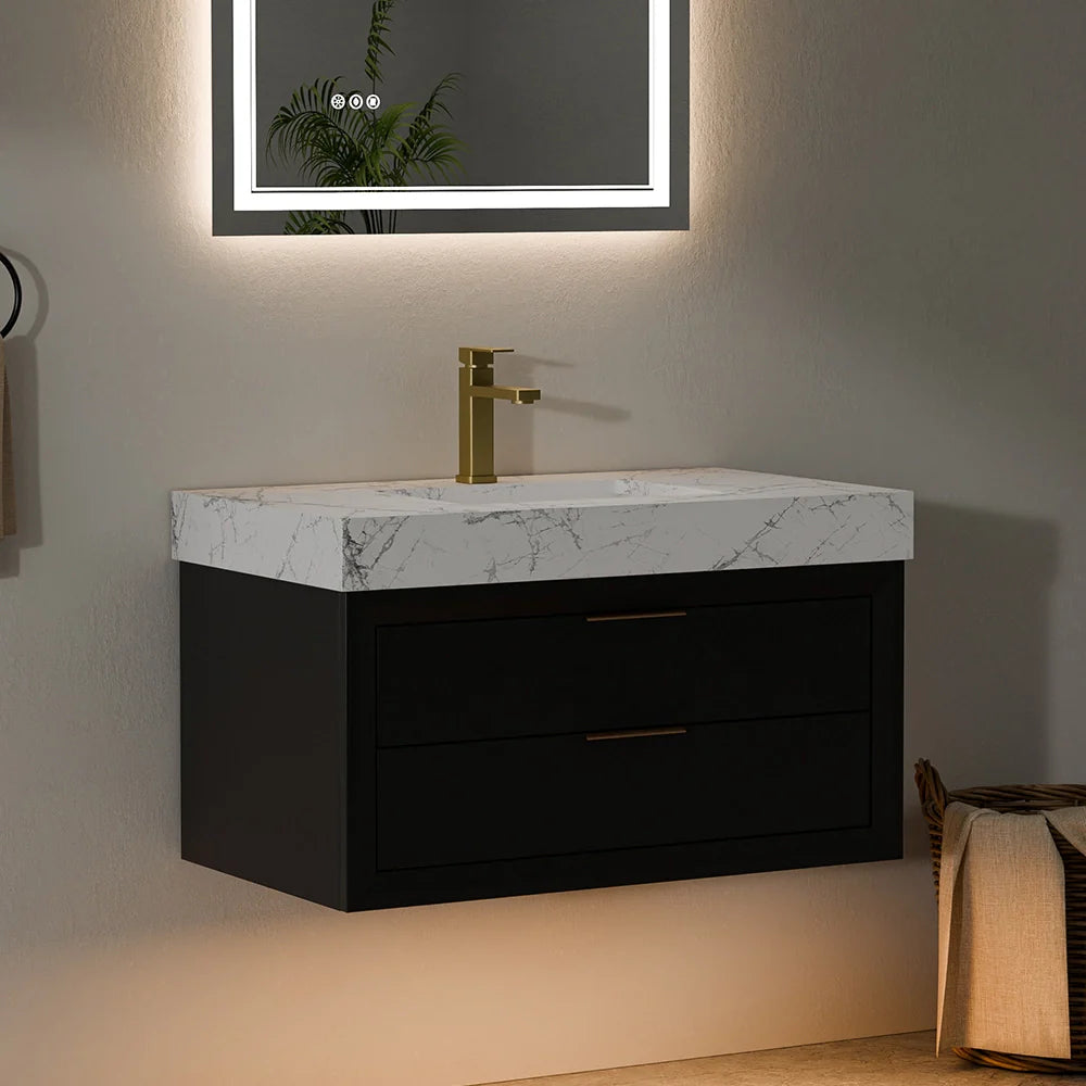 36 Inch Solid Wood Floating Vanity with Single Sink Marble Countertop