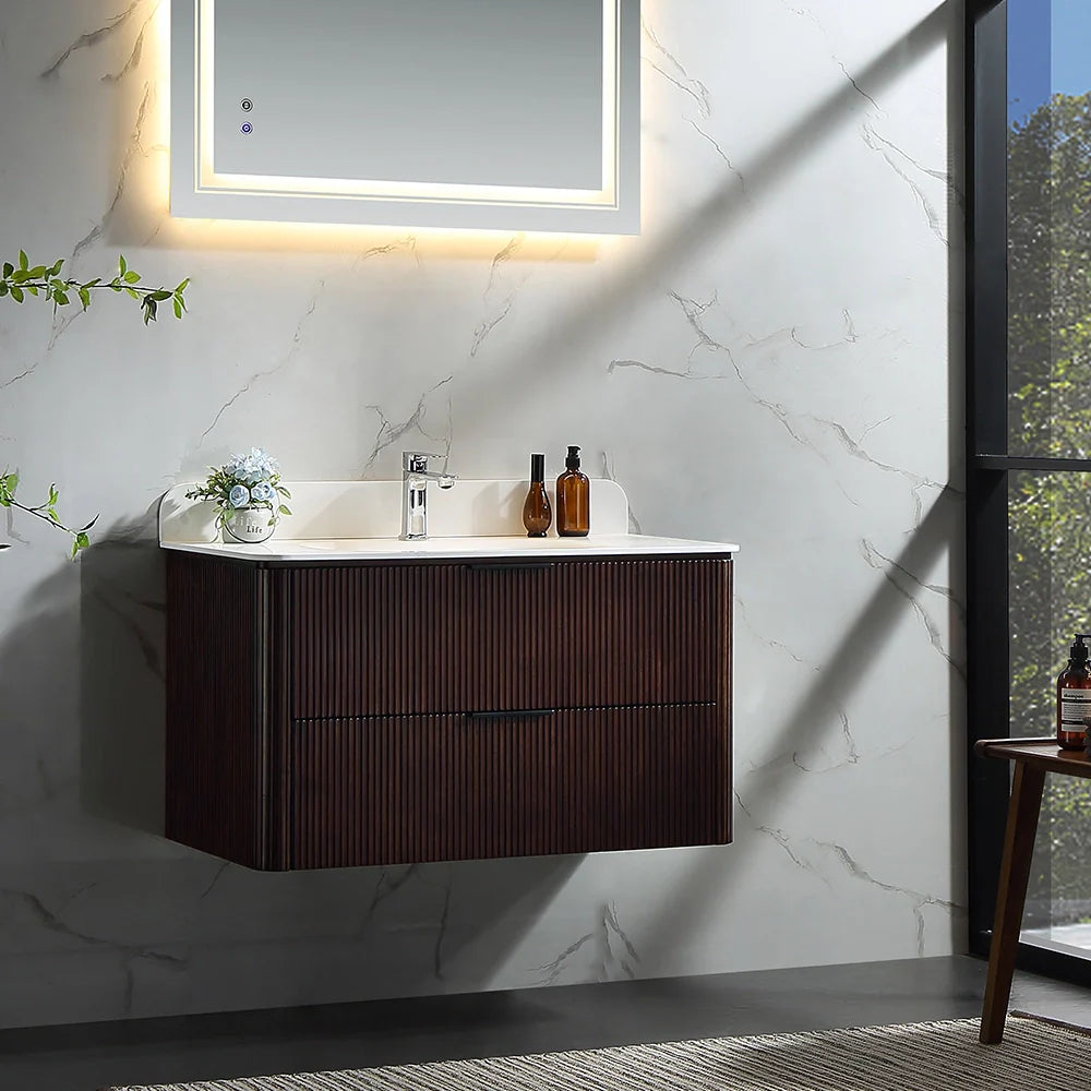 36 Inch Reeded Oak Bathroom Floating Vanity with Single Sink