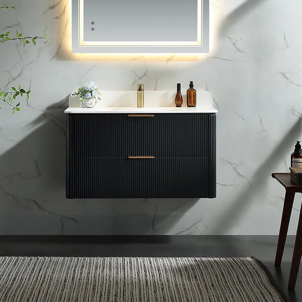 36 Inch Reeded Oak Bathroom Floating Vanity with Single Sink