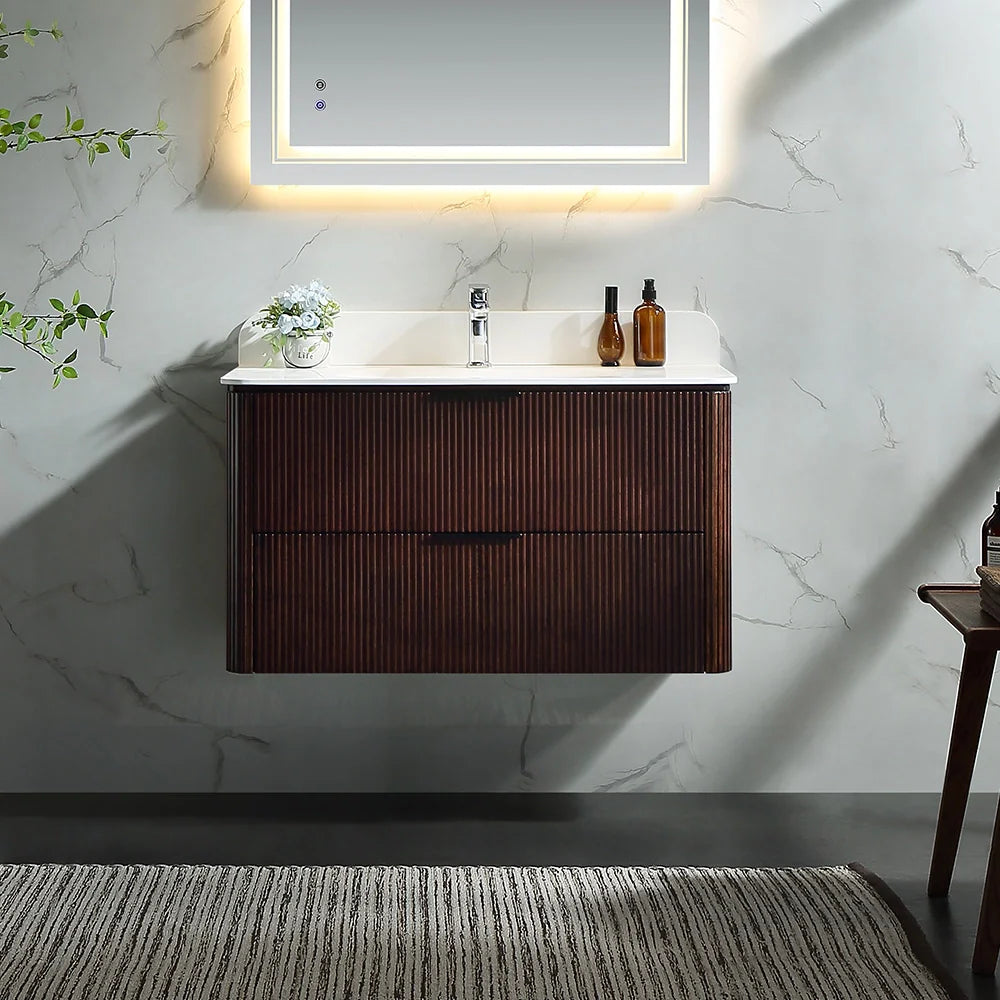 36 Inch Reeded Oak Bathroom Floating Vanity with Single Sink