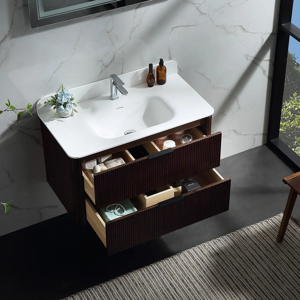 36 Inch Reeded Oak Bathroom Floating Vanity with Single Sink