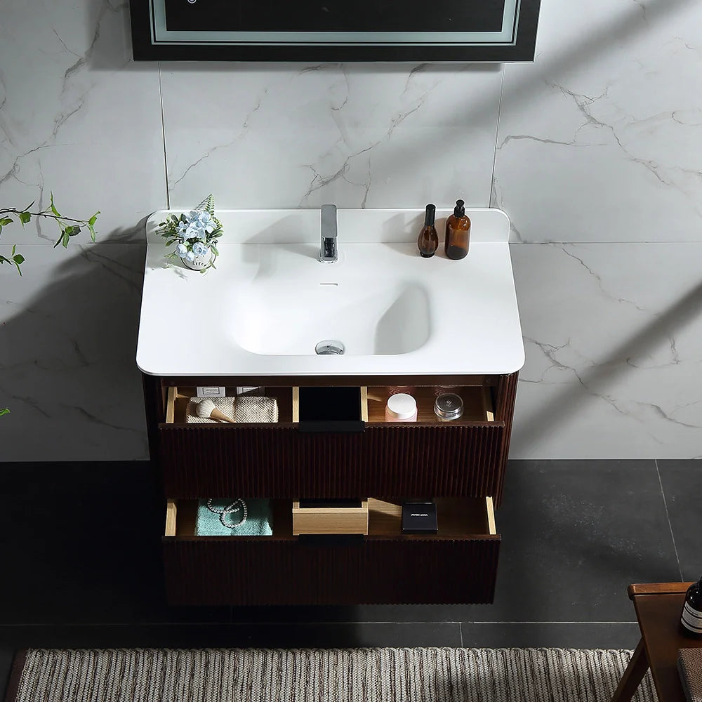 36 Inch Reeded Oak Bathroom Floating Vanity with Single Sink