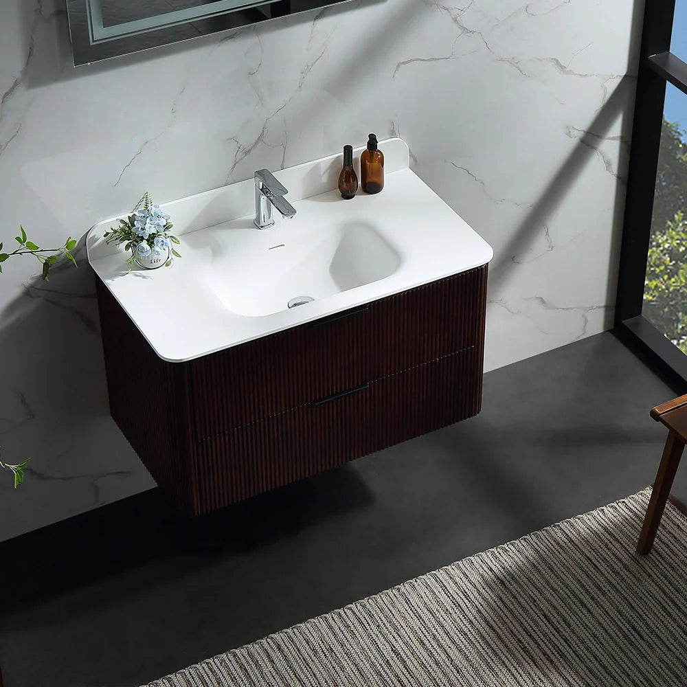 36 Inch Reeded Oak Bathroom Floating Vanity with Single Sink