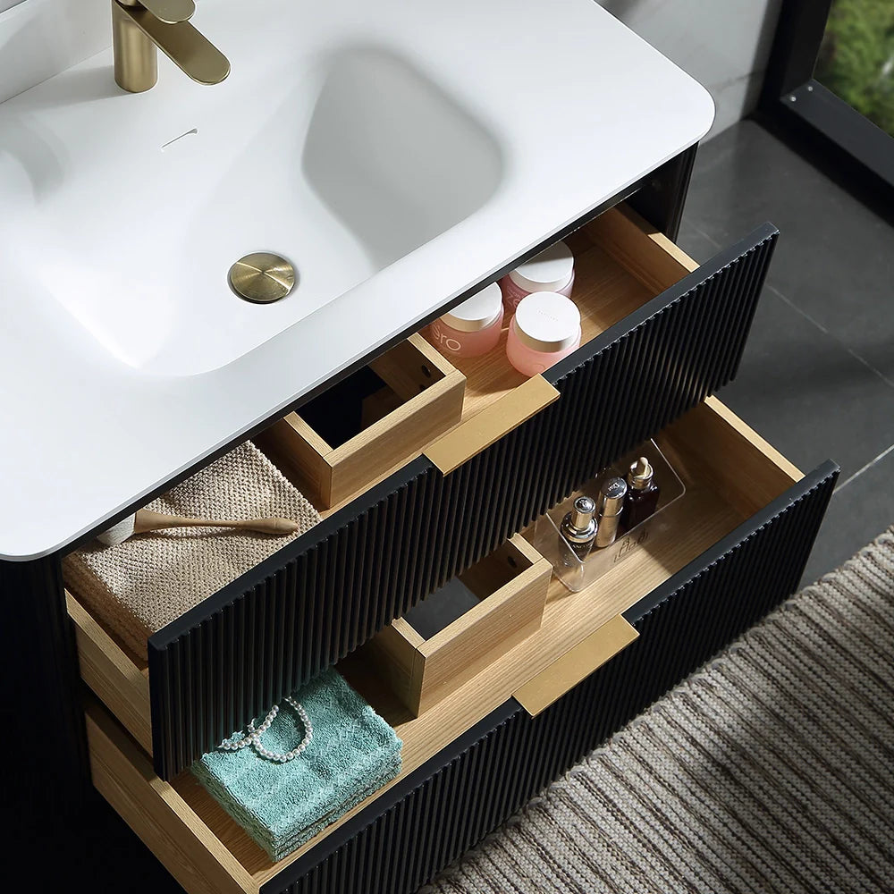 36 Inch Reeded Oak Bathroom Floating Vanity with Single Sink