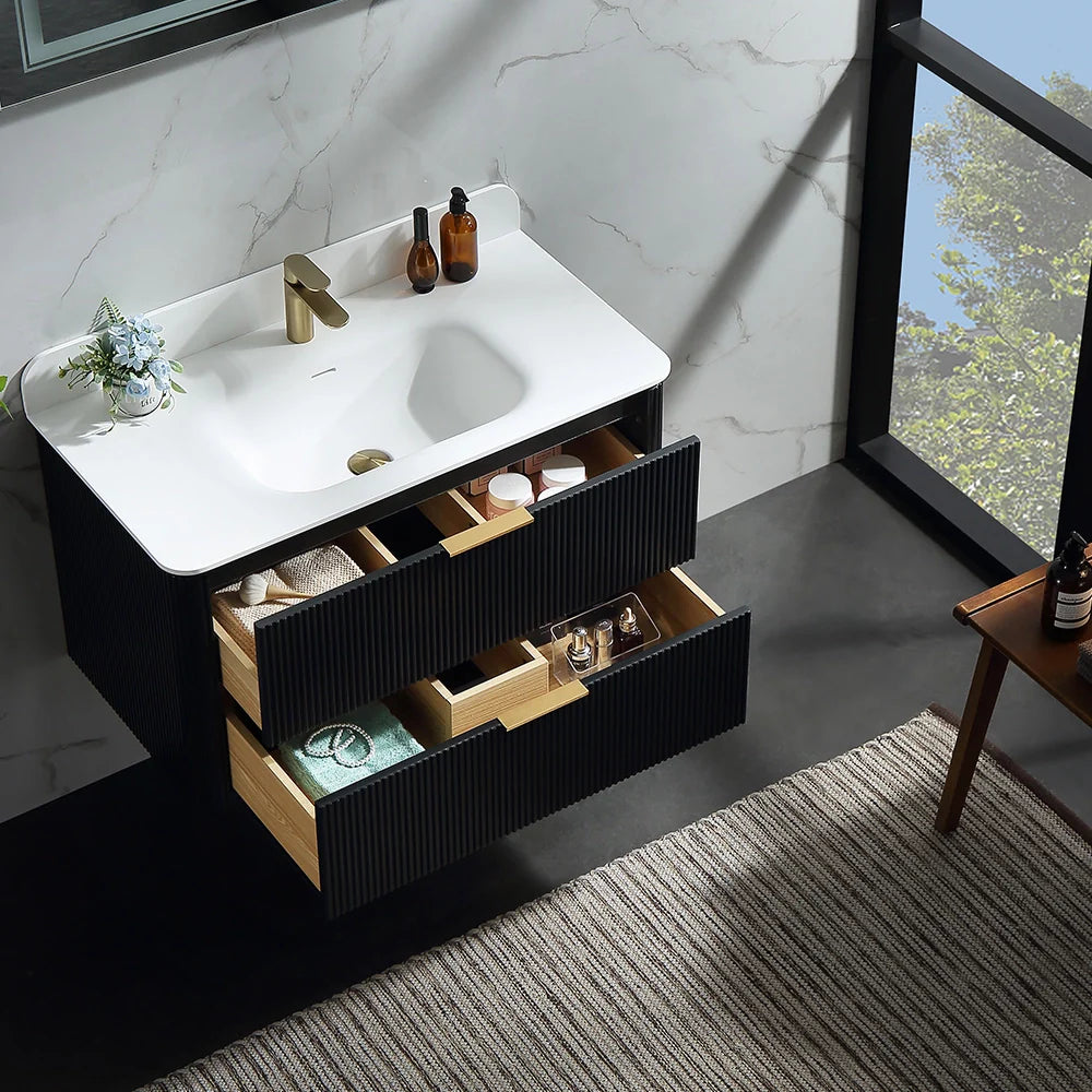 36 Inch Reeded Oak Bathroom Floating Vanity with Single Sink