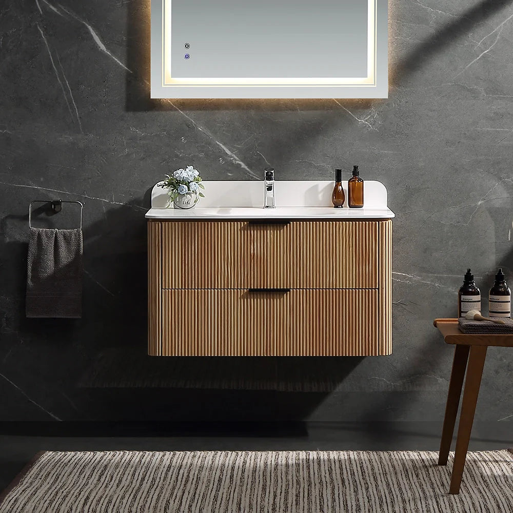 36 Inch Reeded Oak Bathroom Floating Vanity with Single Sink