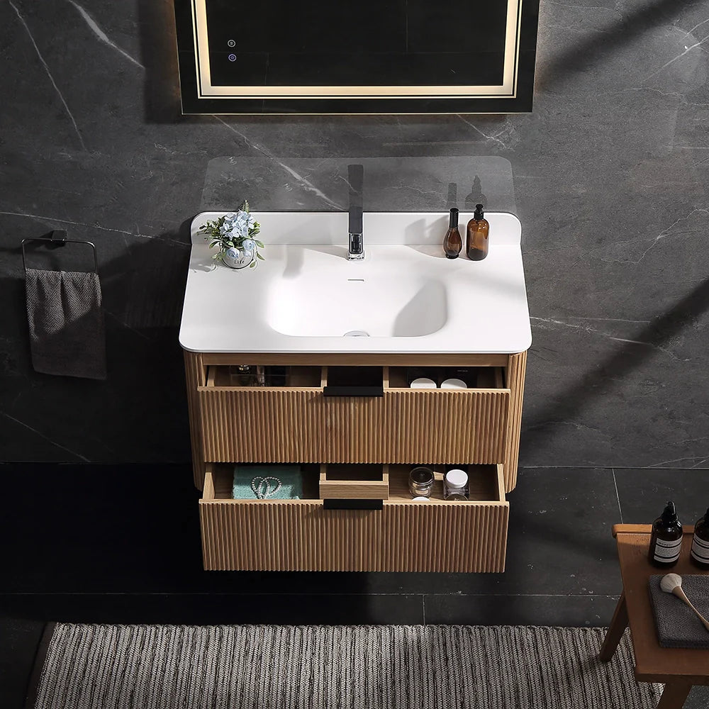 36 Inch Reeded Oak Bathroom Floating Vanity with Single Sink