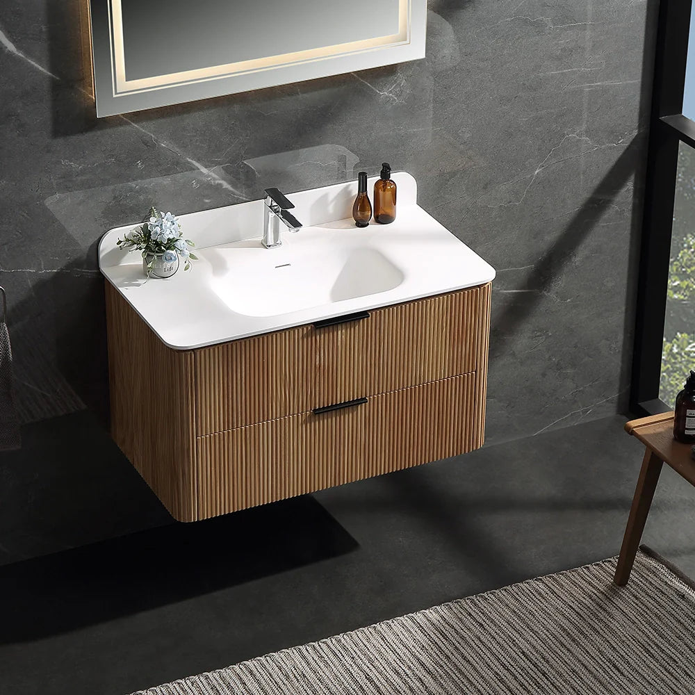 36 Inch Reeded Oak Bathroom Floating Vanity with Single Sink
