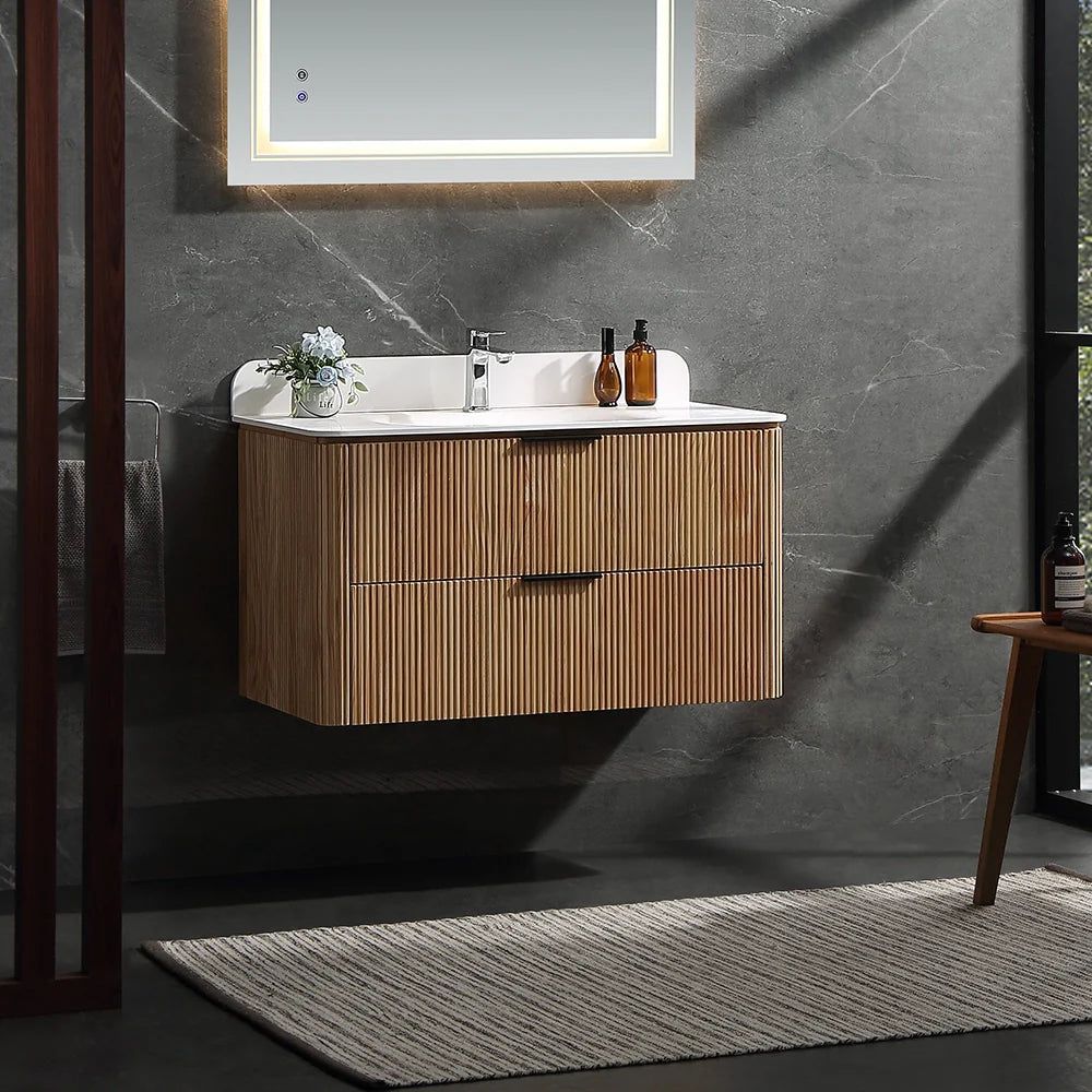 36 Inch Reeded Oak Bathroom Floating Vanity with Single Sink