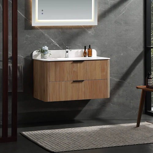 36 Inch Reeded Oak Bathroom Floating Vanity with Single Sink
