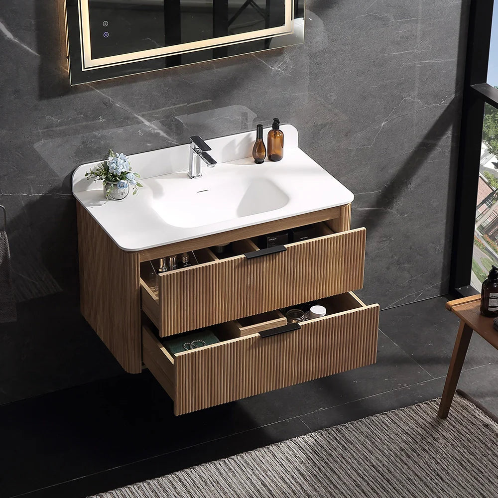 36 Inch Reeded Oak Bathroom Floating Vanity with Single Sink