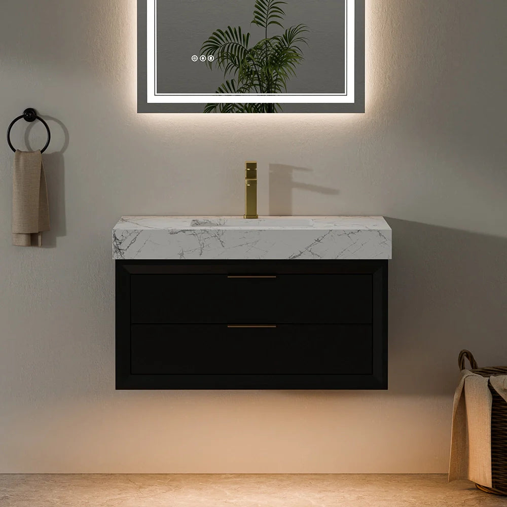 36 Inch Solid Wood Floating Vanity with Single Sink Marble Countertop