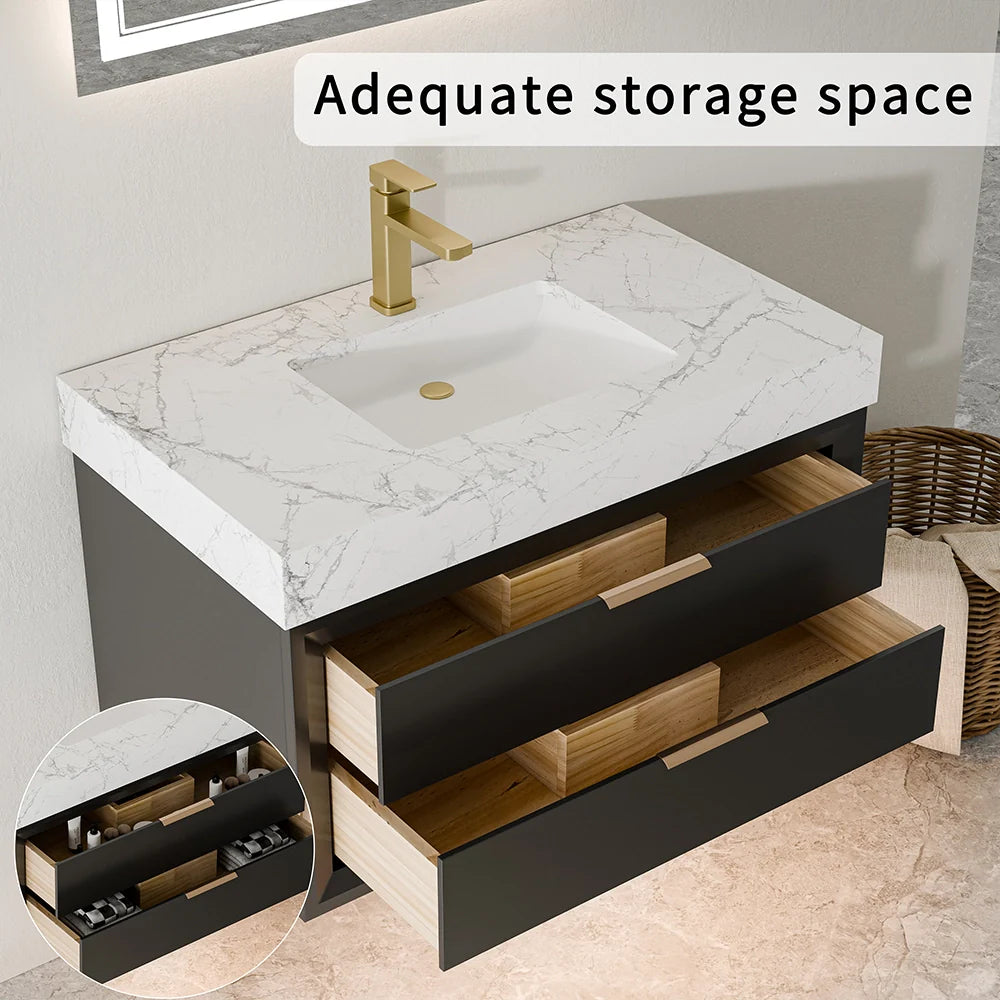 36 Inch Solid Wood Floating Vanity with Single Sink Marble Countertop