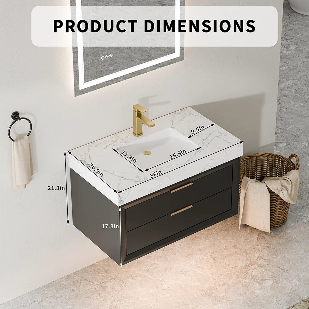36 Inch Solid Wood Floating Vanity with Single Sink Marble Countertop