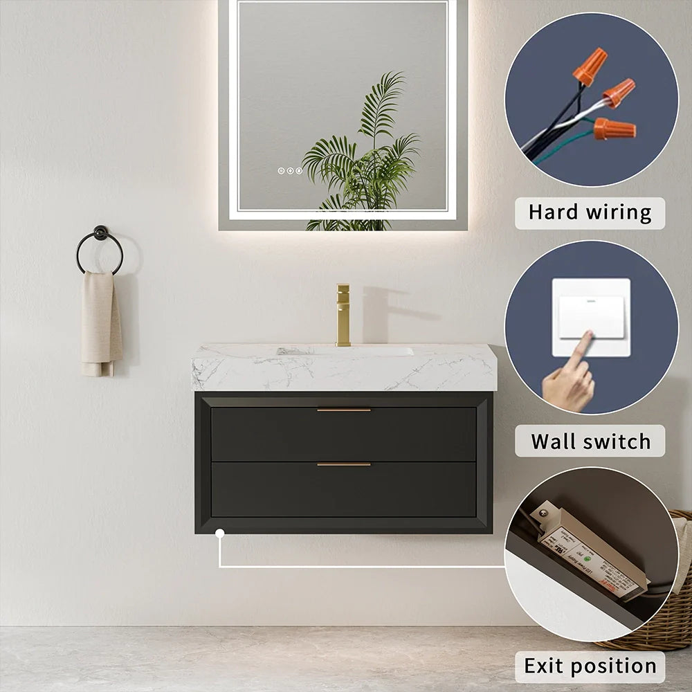 36 Inch Solid Wood Floating Vanity with Single Sink Marble Countertop