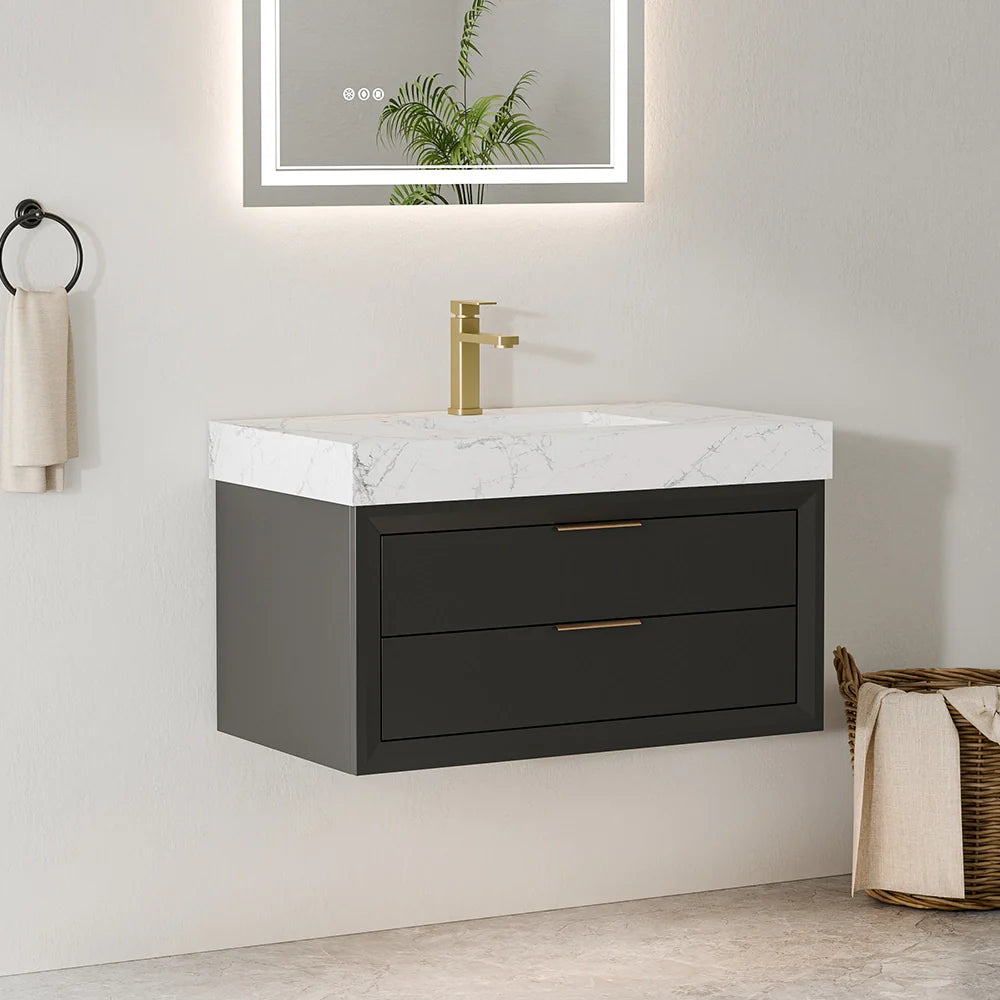 36 Inch Solid Wood Floating Vanity with Single Sink Marble Countertop