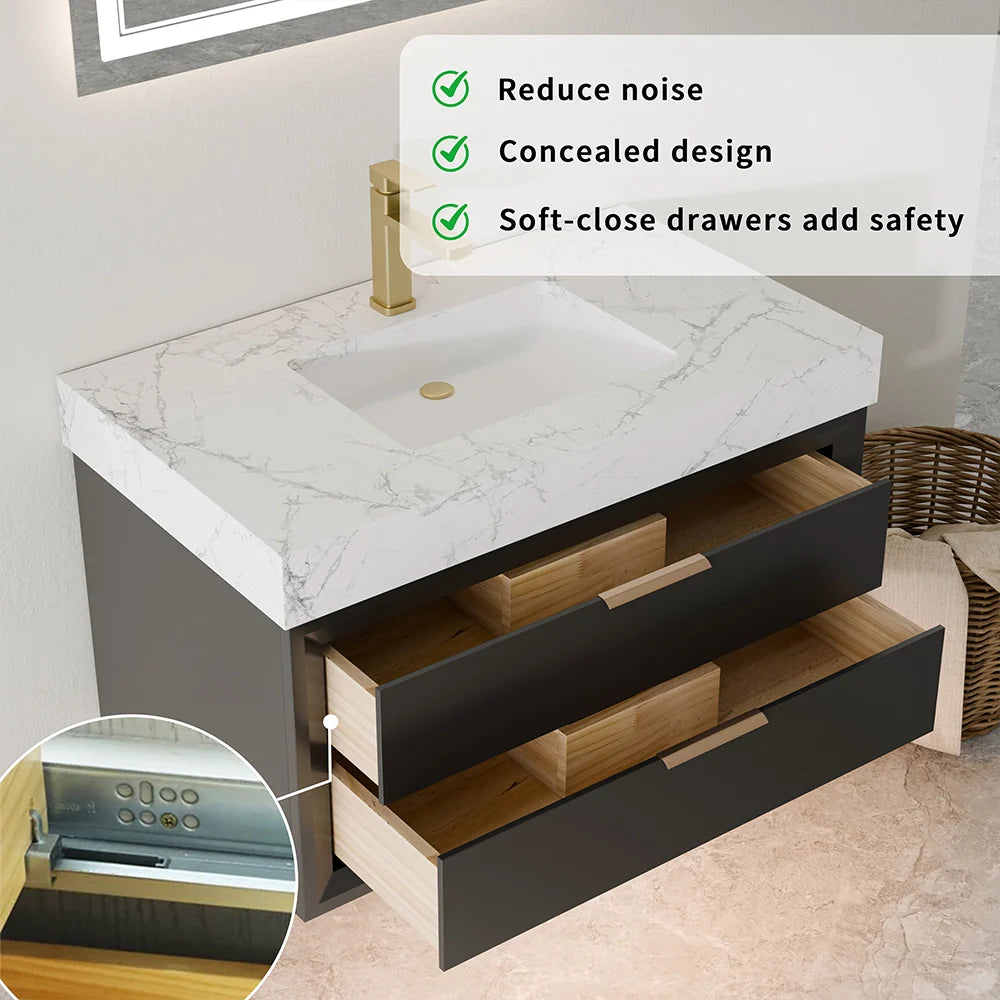 36 Inch Solid Wood Floating Vanity with Single Sink Marble Countertop