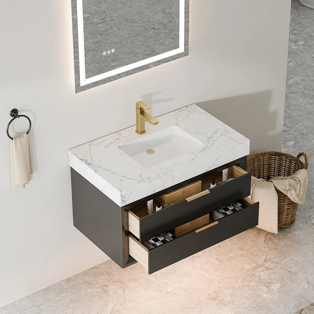 36 Inch Solid Wood Floating Vanity with Single Sink Marble Countertop