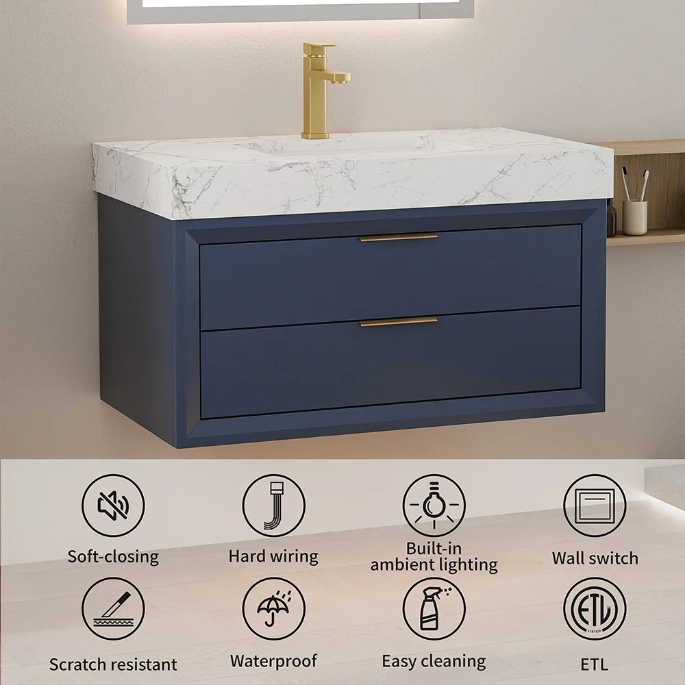 36 Inch Solid Wood Floating Vanity with Single Sink Marble Countertop