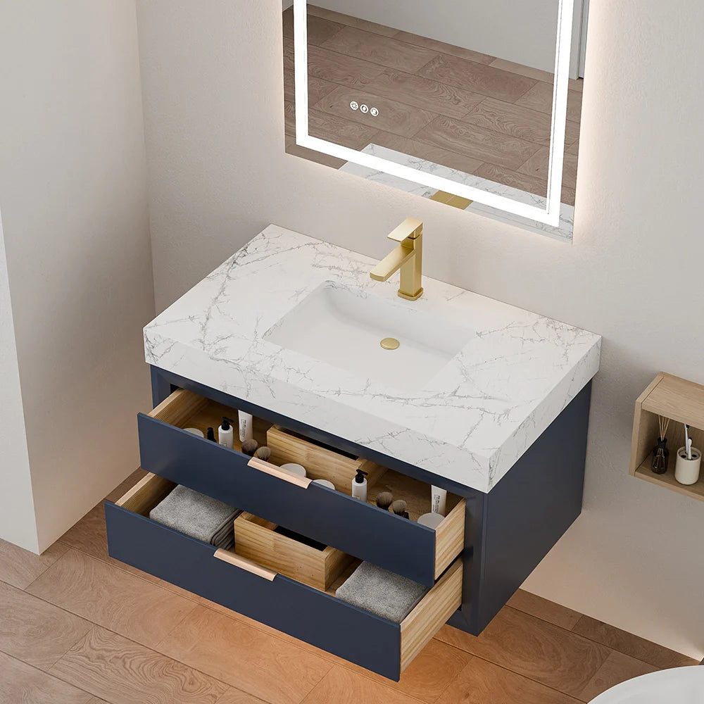 36 Inch Solid Wood Floating Vanity with Single Sink Marble Countertop