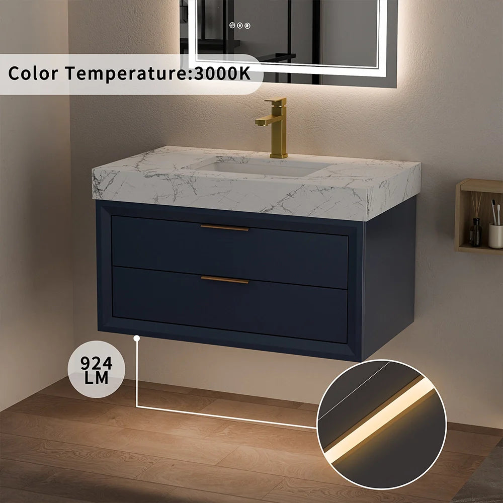 36 Inch Solid Wood Floating Vanity with Single Sink Marble Countertop