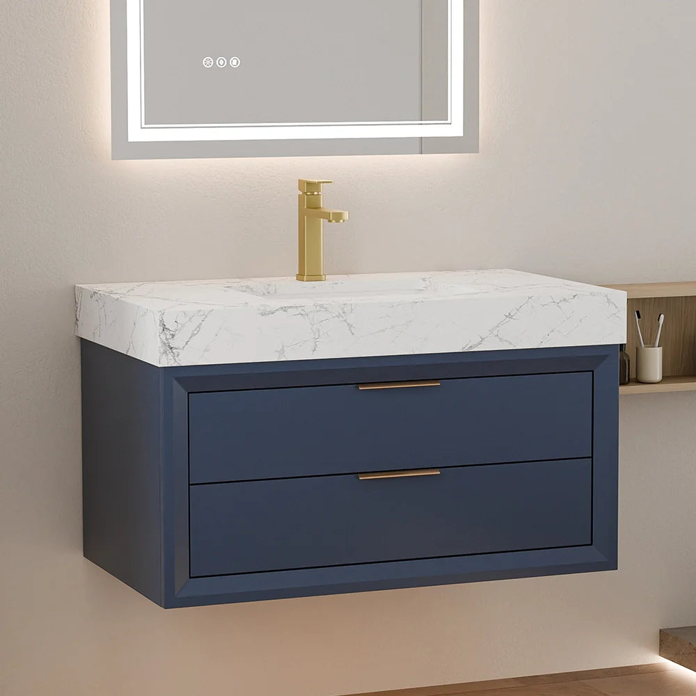 36 Inch Solid Wood Floating Vanity with Single Sink Marble Countertop