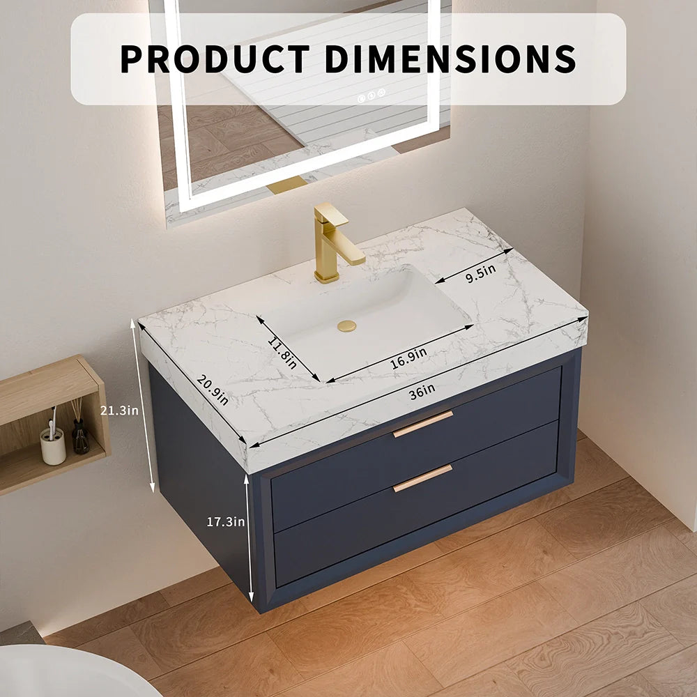 36 Inch Solid Wood Floating Vanity with Single Sink Marble Countertop