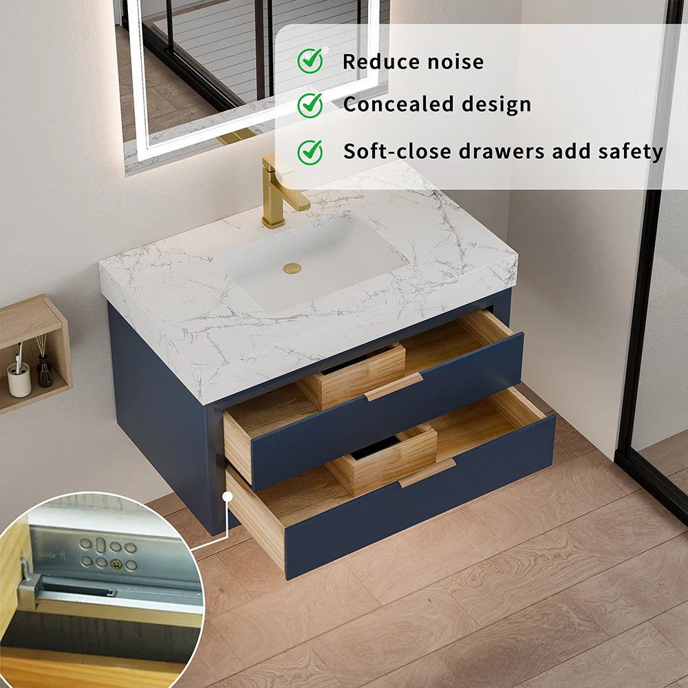 36 Inch Solid Wood Floating Vanity with Single Sink Marble Countertop