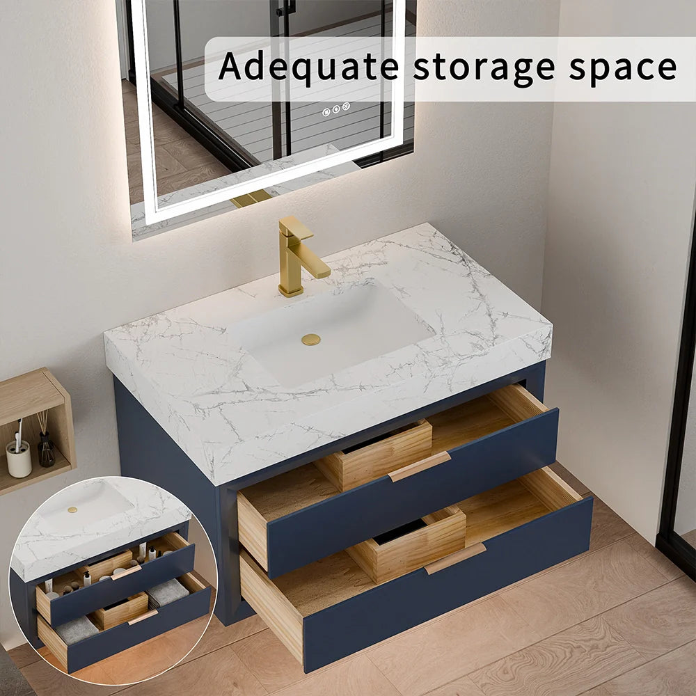 36 Inch Solid Wood Floating Vanity with Single Sink Marble Countertop