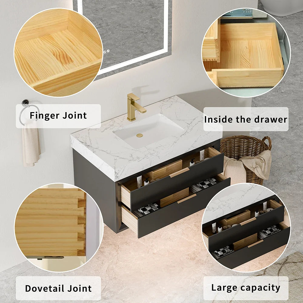 36 Inch Solid Wood Floating Vanity with Single Sink Marble Countertop