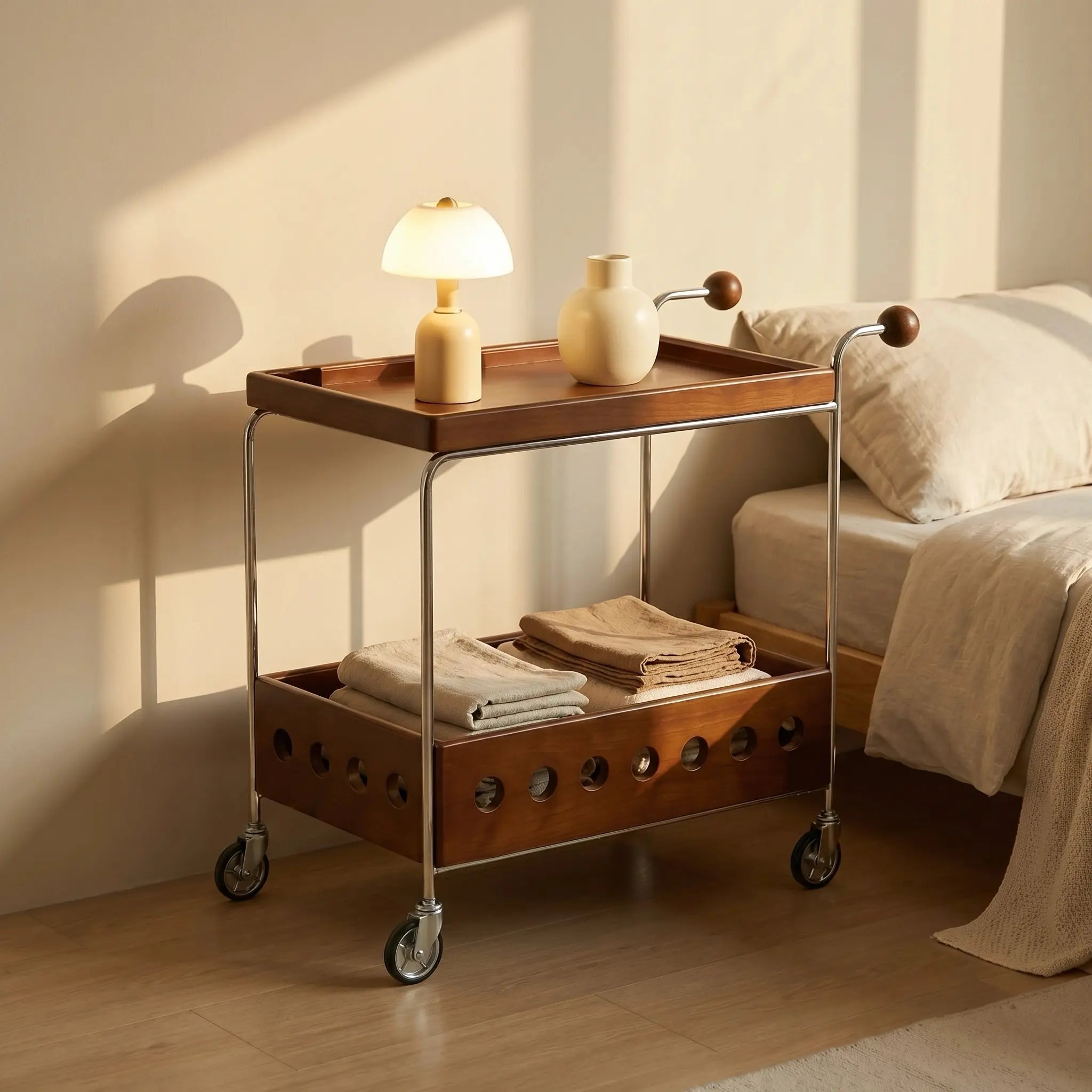Orin Rolling Serving Cart with Wheels – 2-Tier Solid Wood Kitchen Storage & Mobile Beverage Utility Bar Cart Organizer
