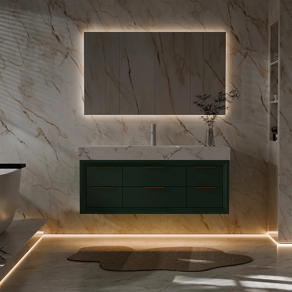 48 Inch Modern Wall Mounted Bathroom Vanity with Marble Countertop