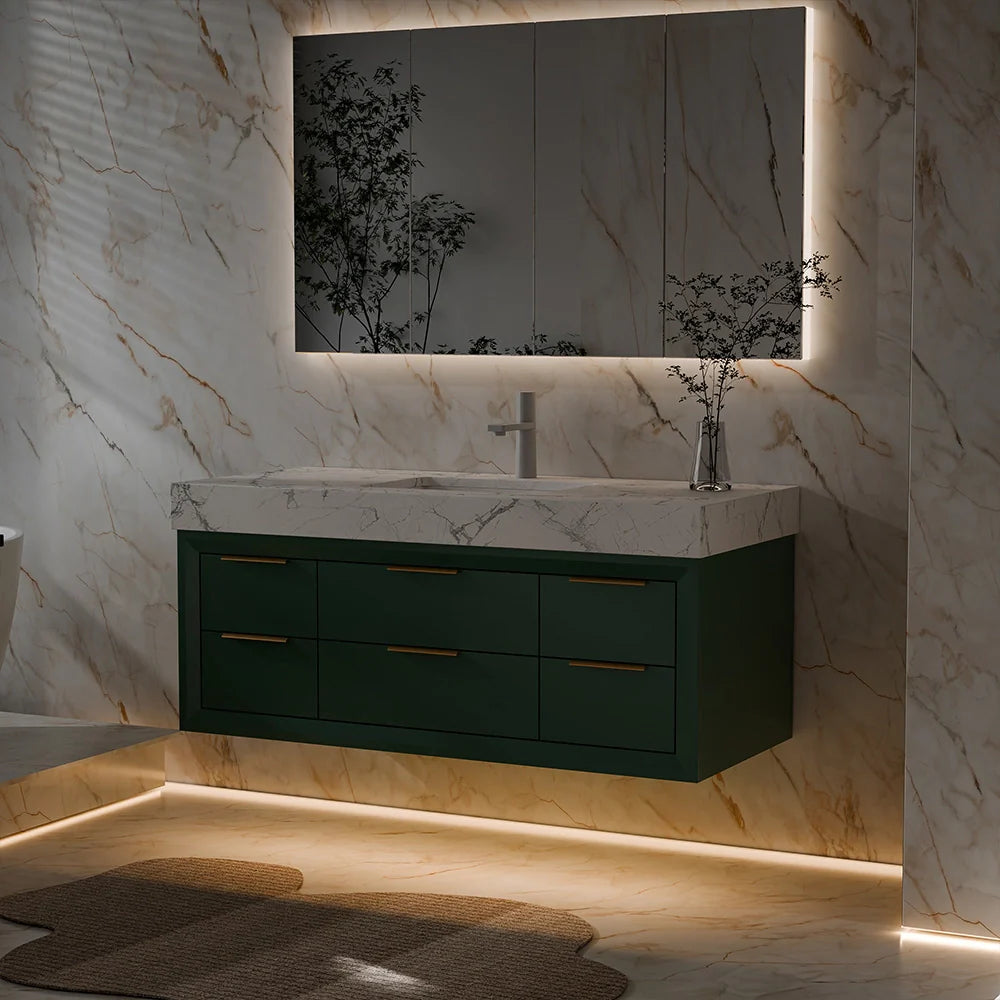 48 Inch Modern Wall Mounted Bathroom Vanity with Marble Countertop